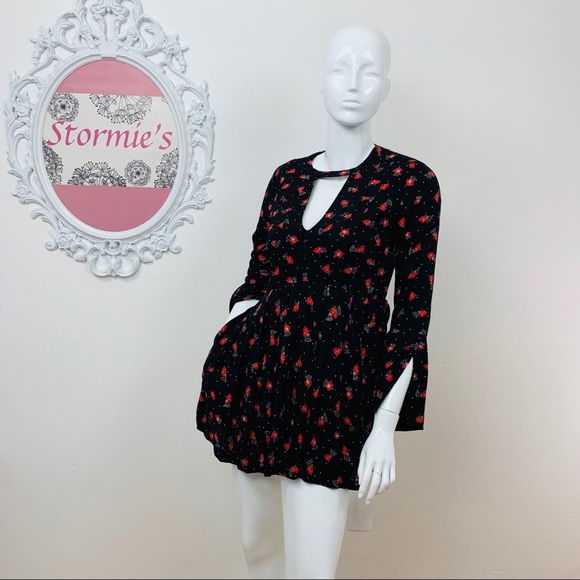 Free People | Black Red Floral Dress - Picture 2 of 8